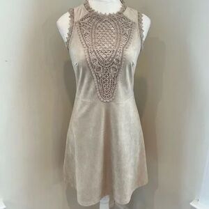 NEW Anthropologie Suede Dress NWOT Tan Embroidered Lace Crochet Sleevele…